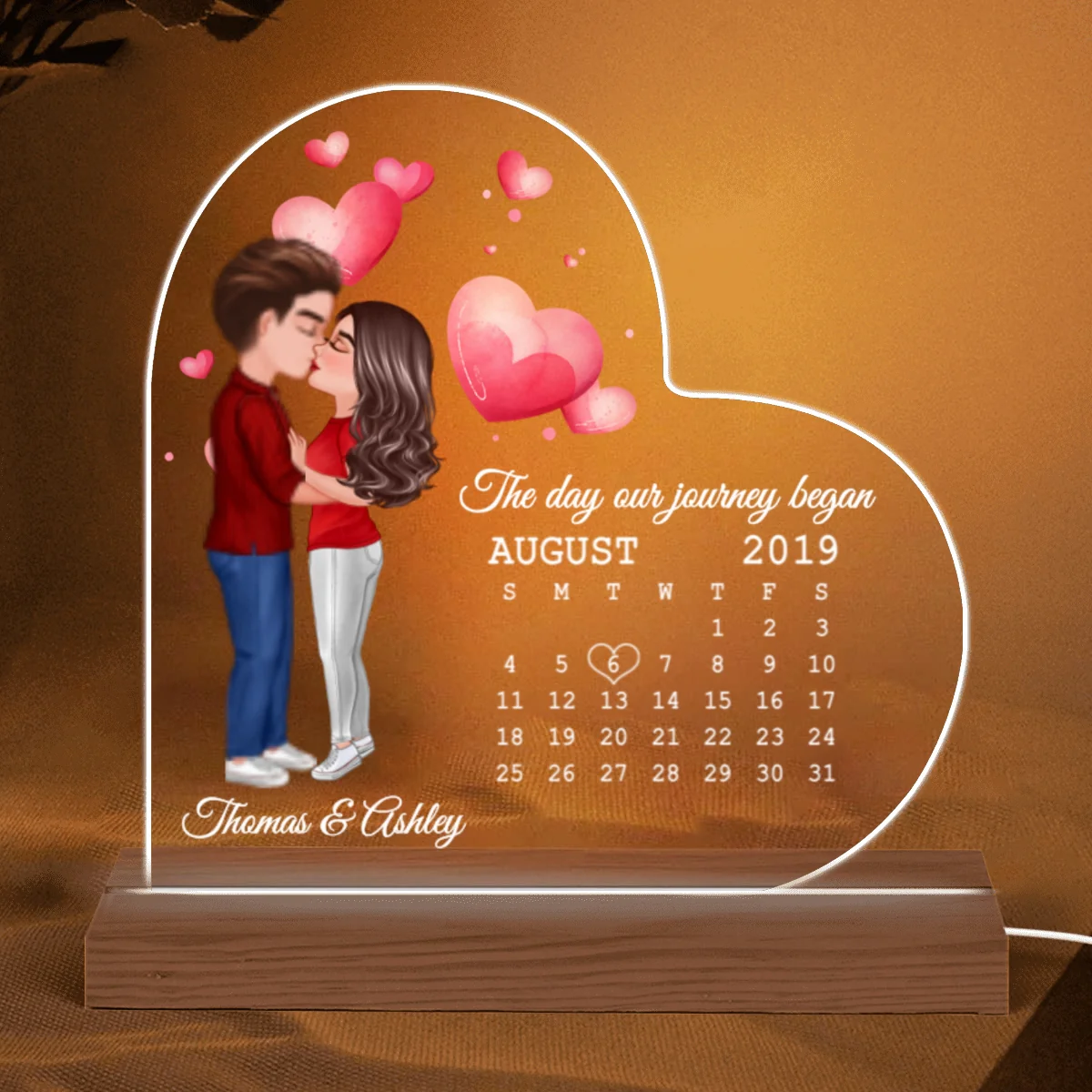 Doll Couple Kissing Calendar Anniversary Date Personalized Heart Shaped Acrylic Plaque With LED Night Light - Anniversary Gift For Couple - Gift For Him, Gift For Her - Image 5