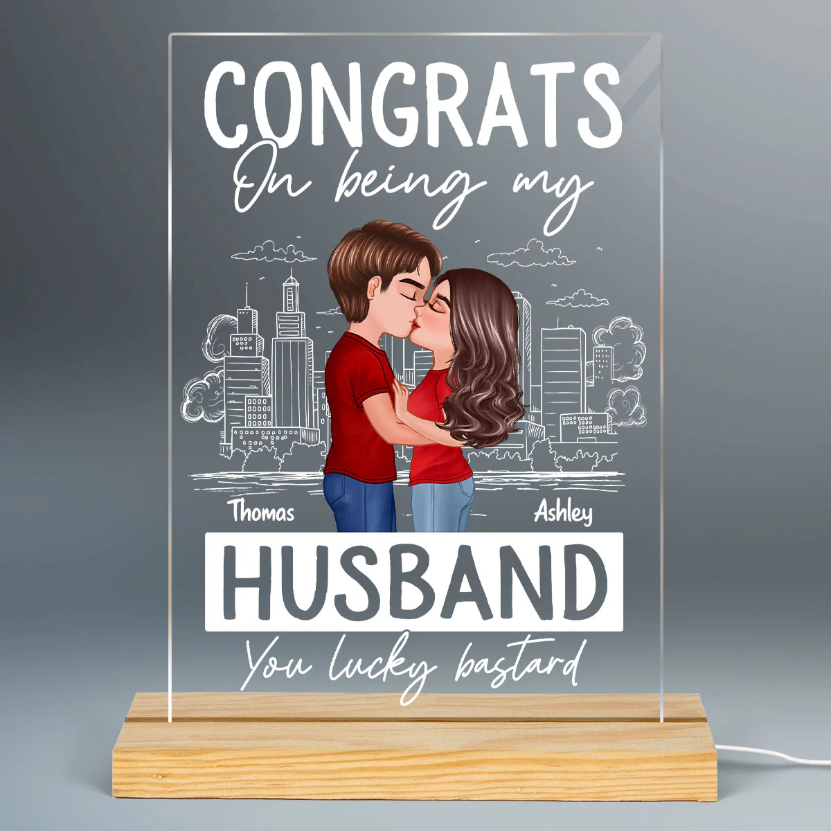 Doll Couple Kissing Congrats On Being Outline Sketch Background Personalized Rectagle Acrylic LED Night Light - Image 2