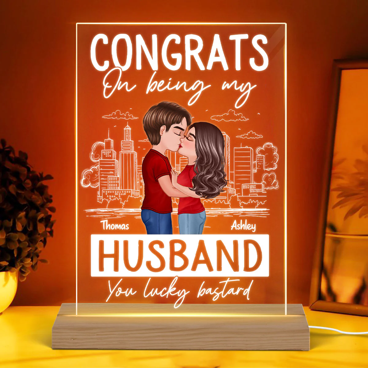 Doll Couple Kissing Congrats On Being Outline Sketch Background Personalized Rectagle Acrylic LED Night Light - Image 3