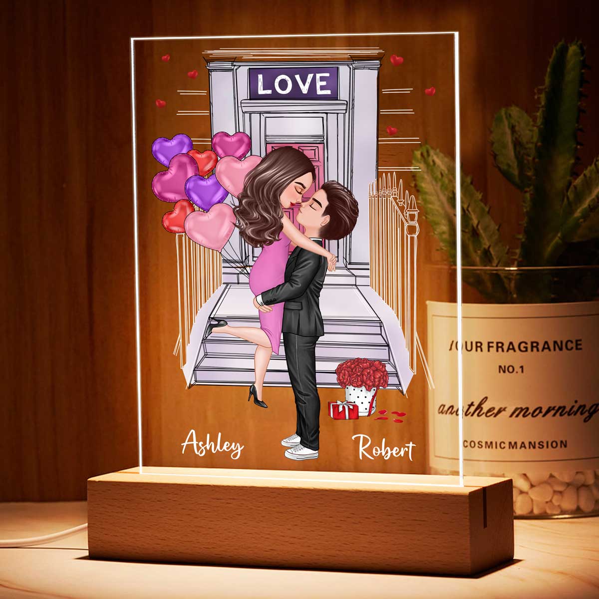Doll Couple Kissing Front Porch Personalized Plaque LED Night Light - Image 3