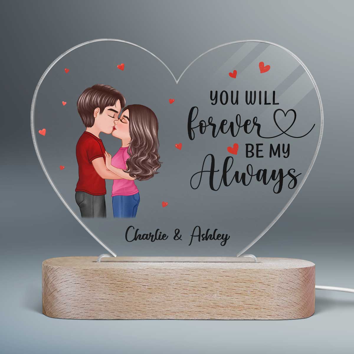 Doll Couple Kissing Gift For Him For Her Personalized Acrylic Heart Plaque LED Lamp Night Light - Image 2