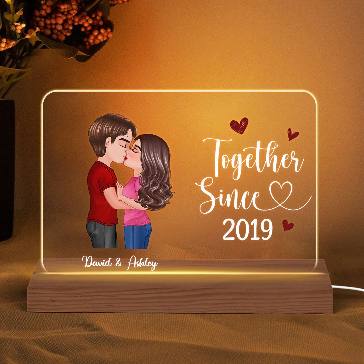 Doll Couple Kissing Gift For Him Gift For Her Personalized Custom Shape Horizontal Rectangle Acrylic Plaque LED Night Light - Image 2