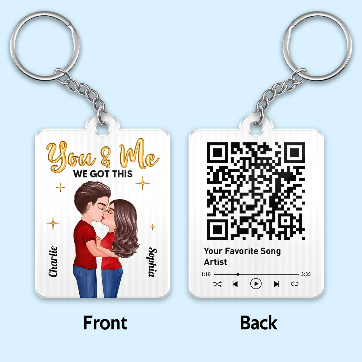 Doll Couple Kissing Golden Balloon Favorite Song QR Code Personalized Acrylic Keychain