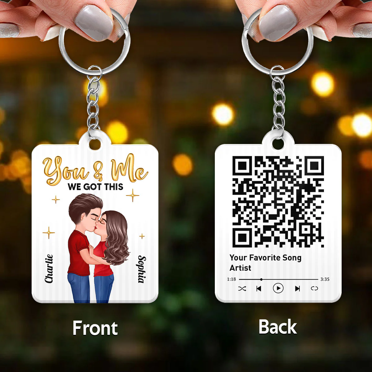 Doll Couple Kissing Golden Balloon Favorite Song QR Code Personalized Acrylic Keychain - Image 3