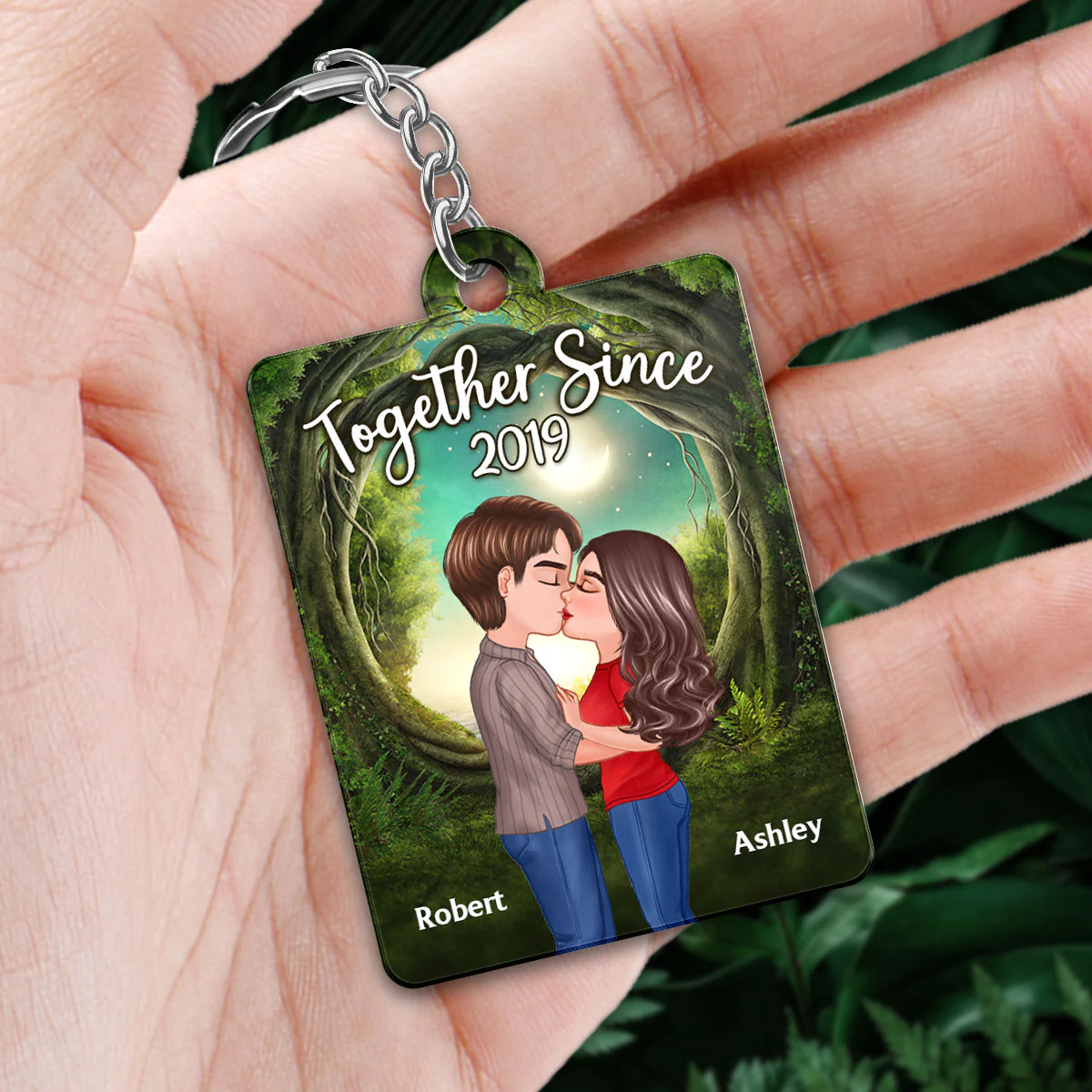Doll Couple Kissing Green Tree Arch Favorite Song QR Code Personalized Acrylic Keychain - Image 2