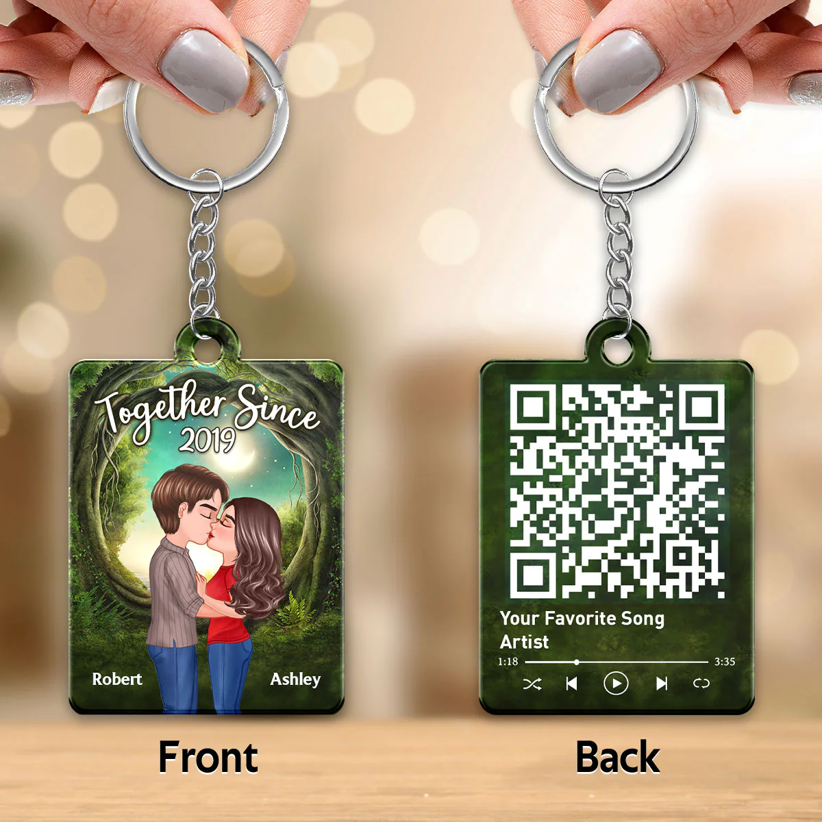 Doll Couple Kissing Green Tree Arch Favorite Song QR Code Personalized Acrylic Keychain - Image 3
