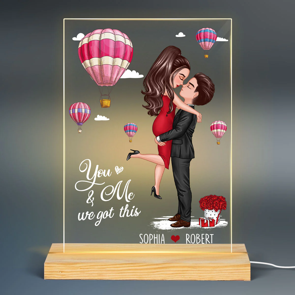 Doll Couple Kissing Hugging Air Balloons Personalized Plaque LED Night Light - Gift For Him Gift For Her - Image 2