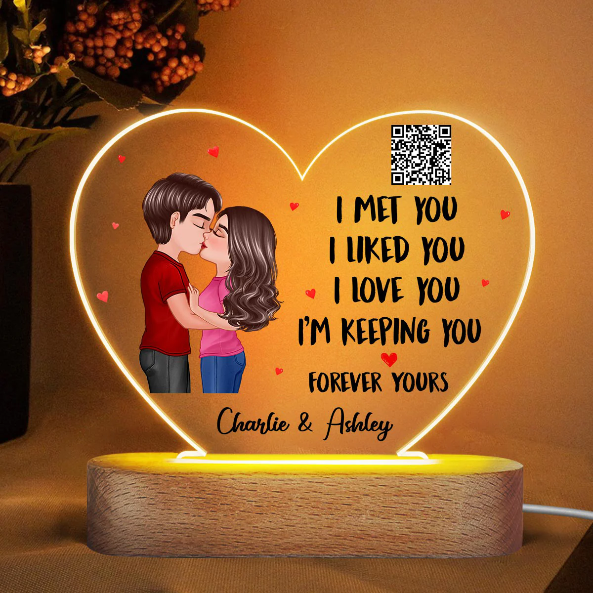 Doll Couple Kissing I Met You Favorite Song Scannable QR Code Gift For Him For Her Personalized Acrylic Heart Plaque LED Night Light