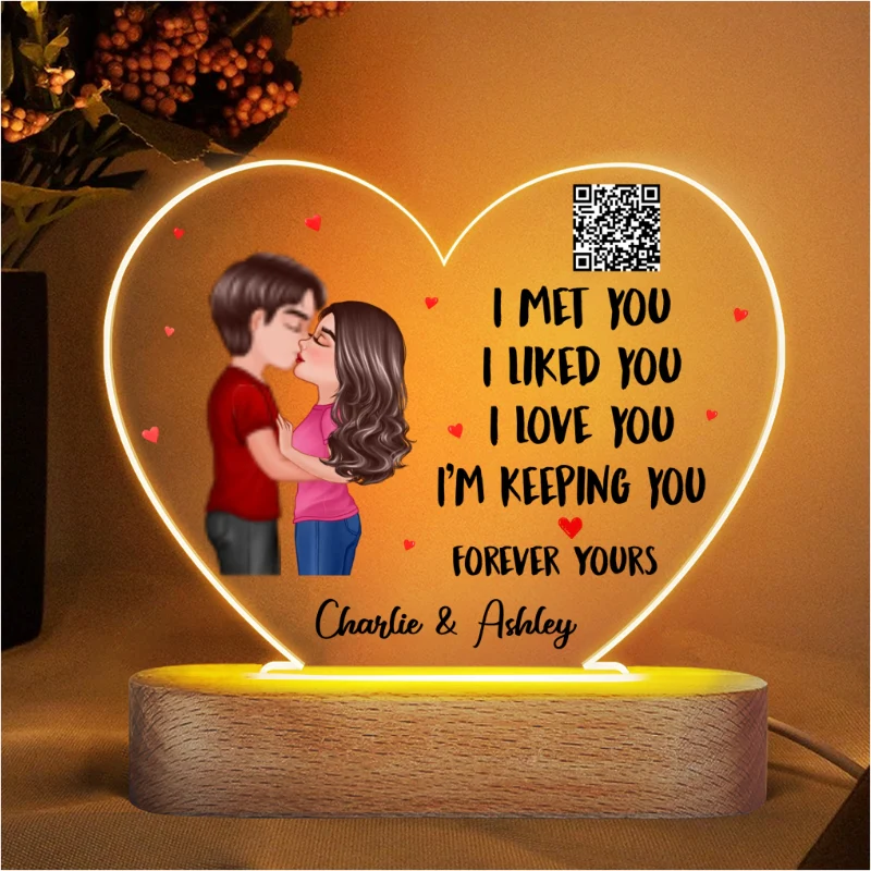 Doll Couple Kissing I Met You Favorite Song Scannable QR Code Gift For Him For Her Personalized Acrylic Heart Plaque LED Night Light - Image 4