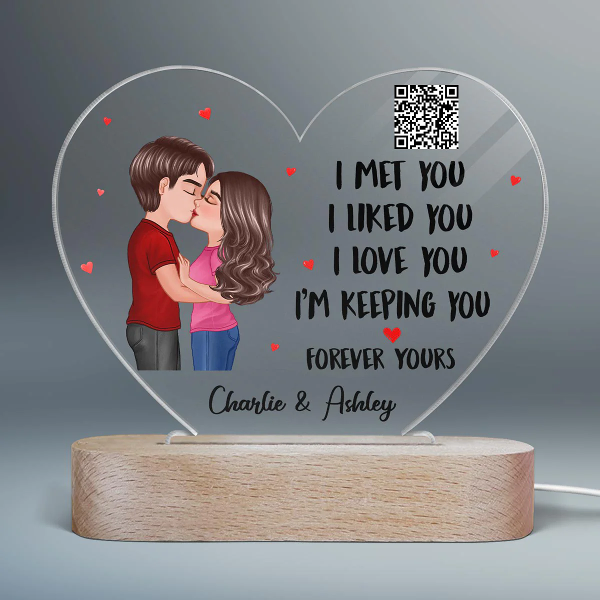 Doll Couple Kissing I Met You Favorite Song Scannable QR Code Gift For Him For Her Personalized Acrylic Heart Plaque LED Night Light - Image 2