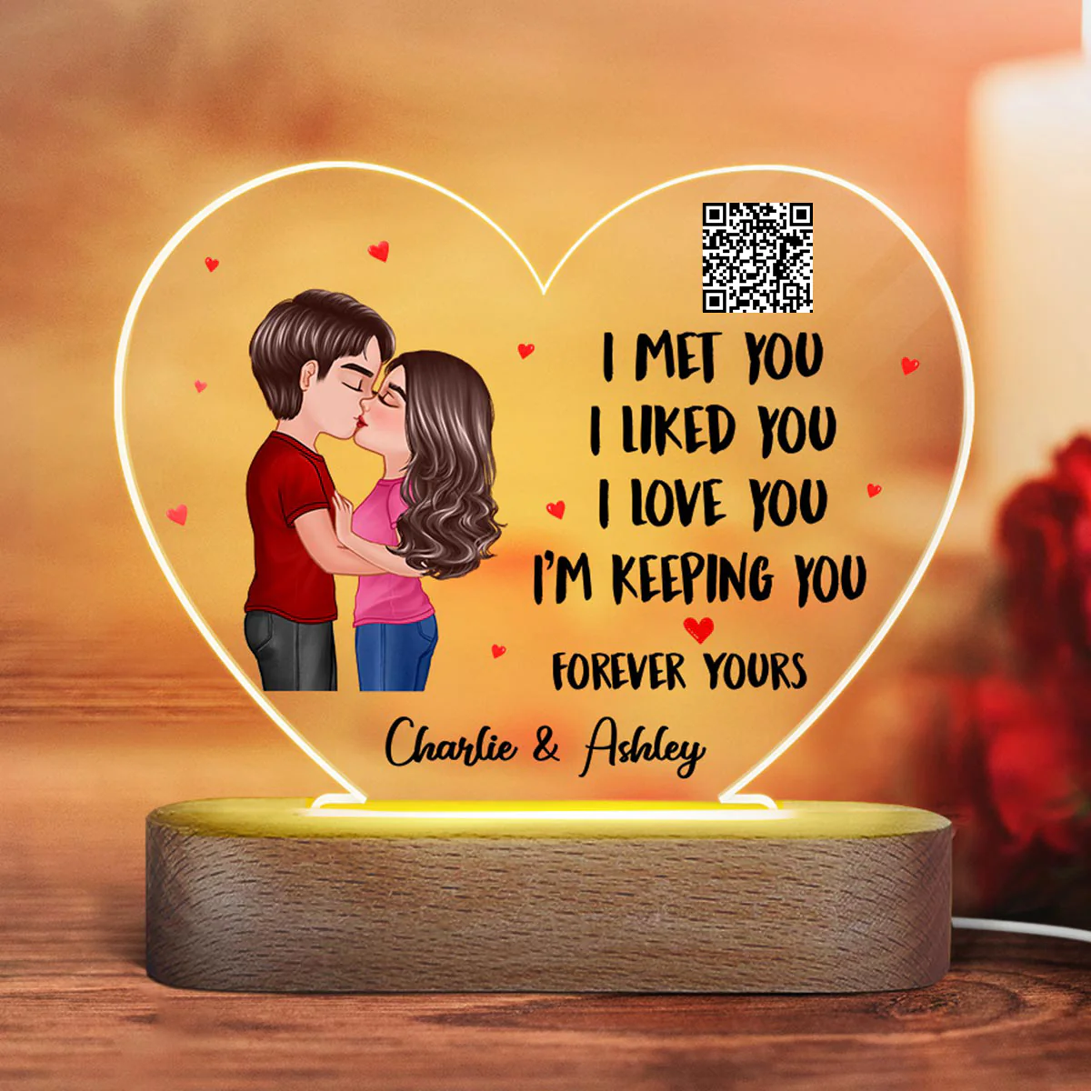 Doll Couple Kissing I Met You Favorite Song Scannable QR Code Gift For Him For Her Personalized Acrylic Heart Plaque LED Night Light - Image 3