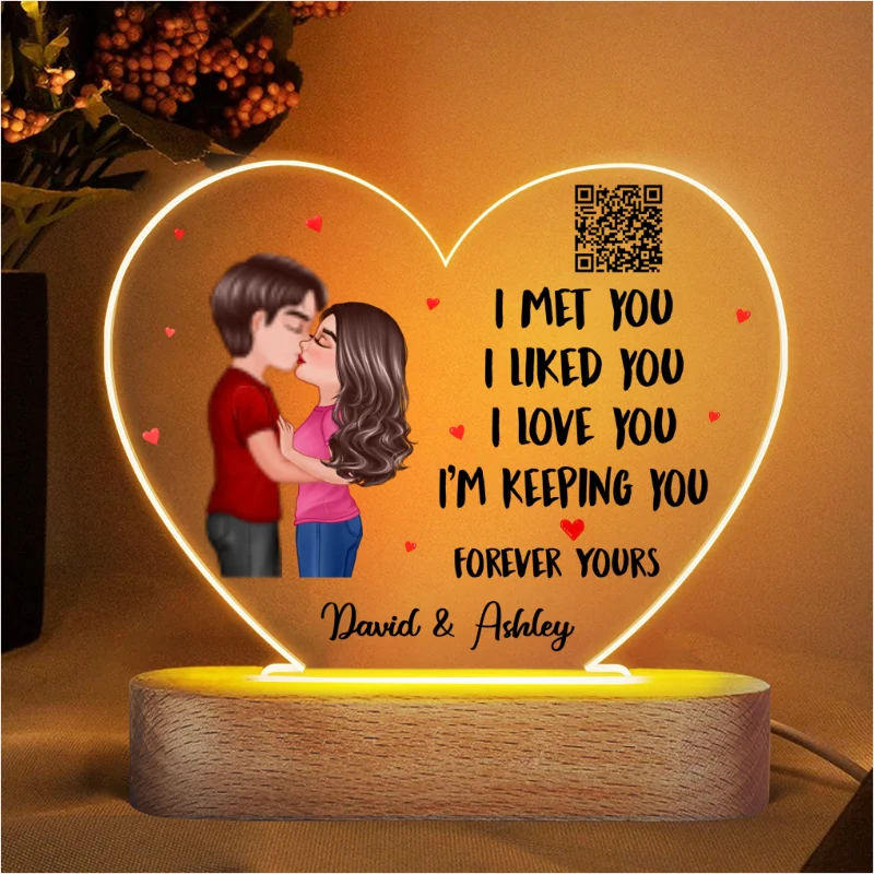Doll Couple Kissing I Met You Favorite Song Scannable QR Code Gift For Him For Her Personalized Acrylic Heart Plaque LED Night Light - Image 4