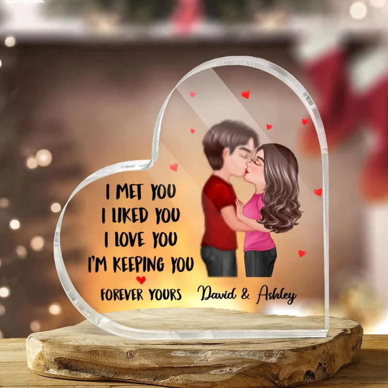 Doll Couple Kissing I Met You Gift For Him For Her Personalized Acrylic Heart Plaque - Image 3