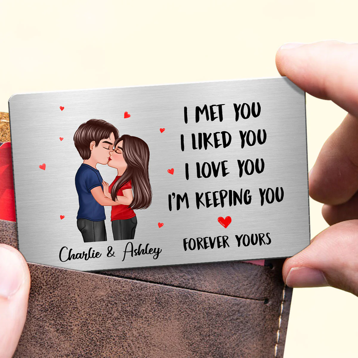 Doll Couple Kissing I Met You Gift For Him For Her Personalized Metal Wallet Card