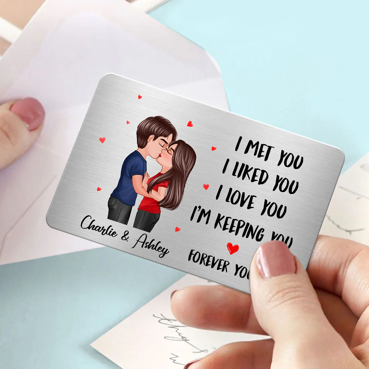 Doll Couple Kissing I Met You Gift For Him For Her Personalized Metal Wallet Card - Image 3