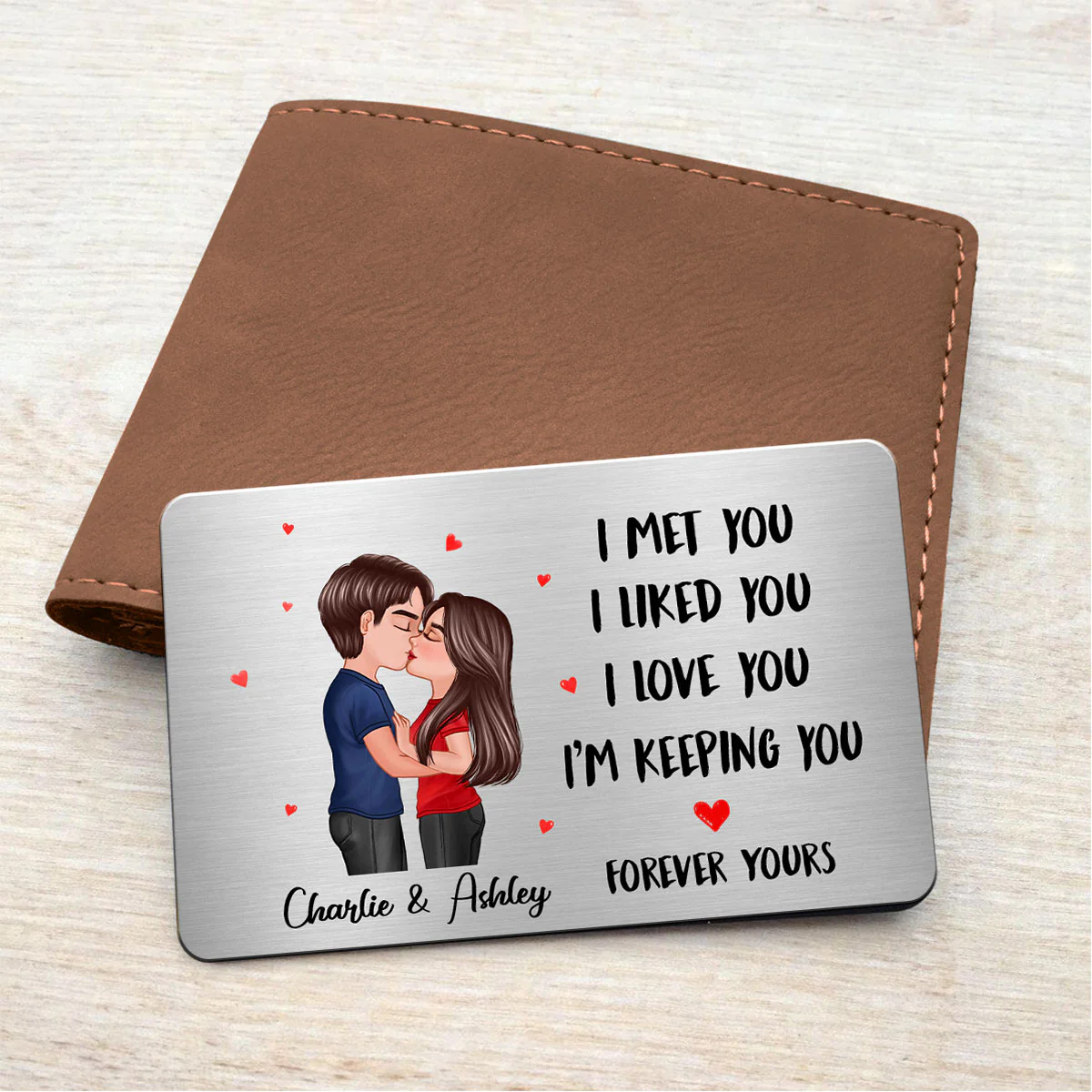 Doll Couple Kissing I Met You Gift For Him For Her Personalized Metal Wallet Card - Image 4