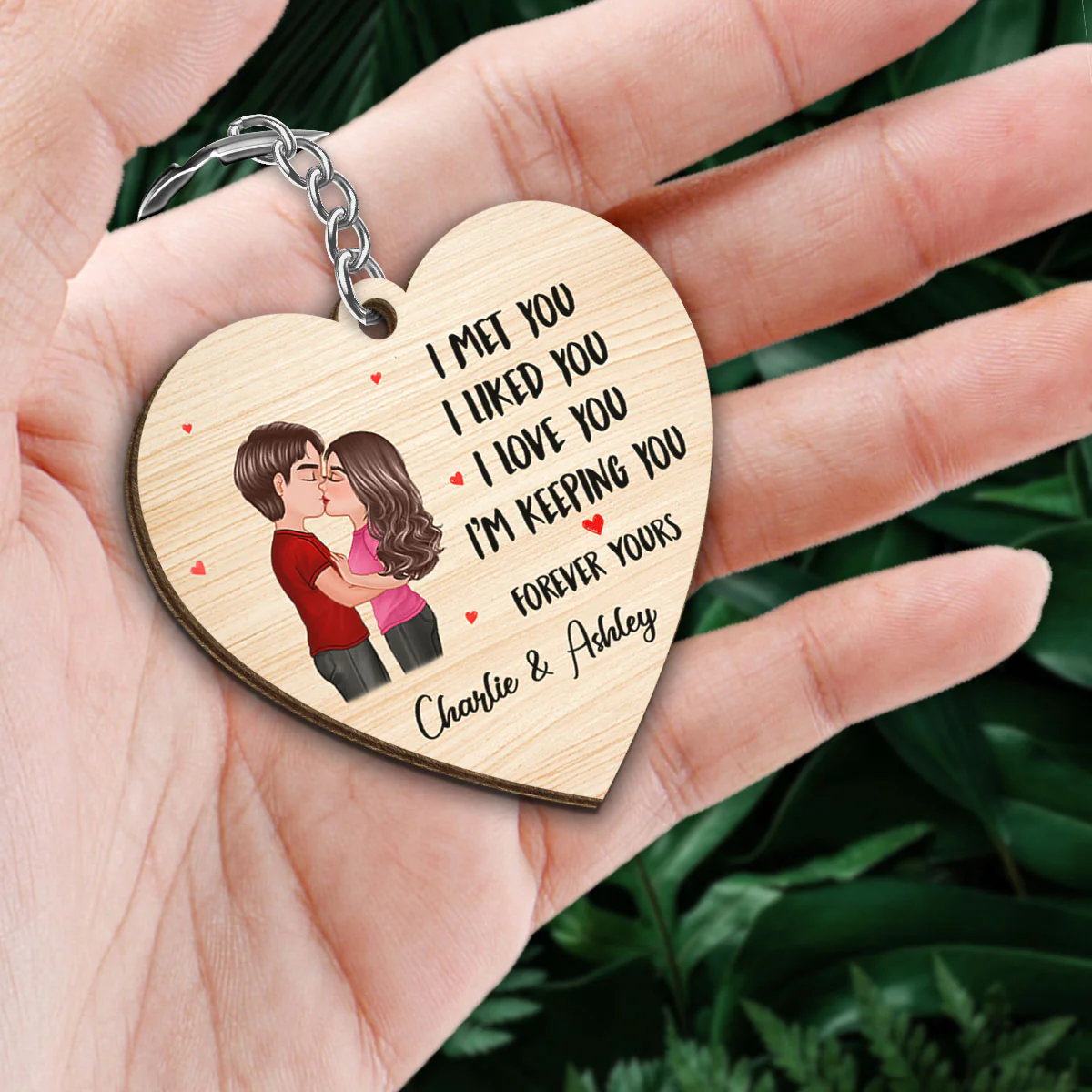 Doll Couple Kissing I Met You Gift For Him For Her Personalized Wooden Keychain - Image 2