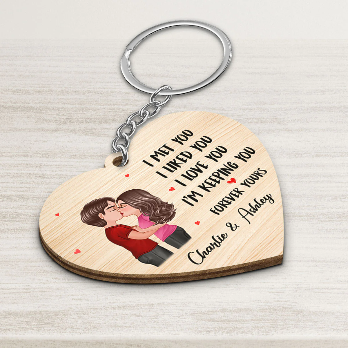 Doll Couple Kissing I Met You Gift For Him For Her Personalized Wooden Keychain - Image 3