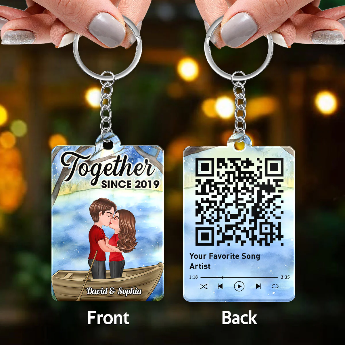 Doll Couple Kissing In Boat On Lake Favorite Song QR Code Personalized Acrylic Keychain - Image 3