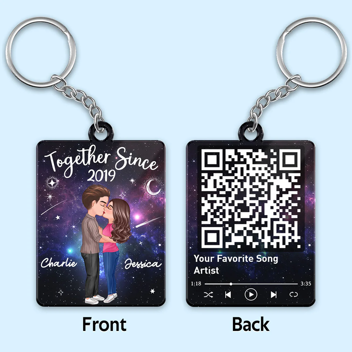 Doll Couple Kissing In Galaxy Night Favorite Song Scannable QR Code Personalized Acrylic Keychain