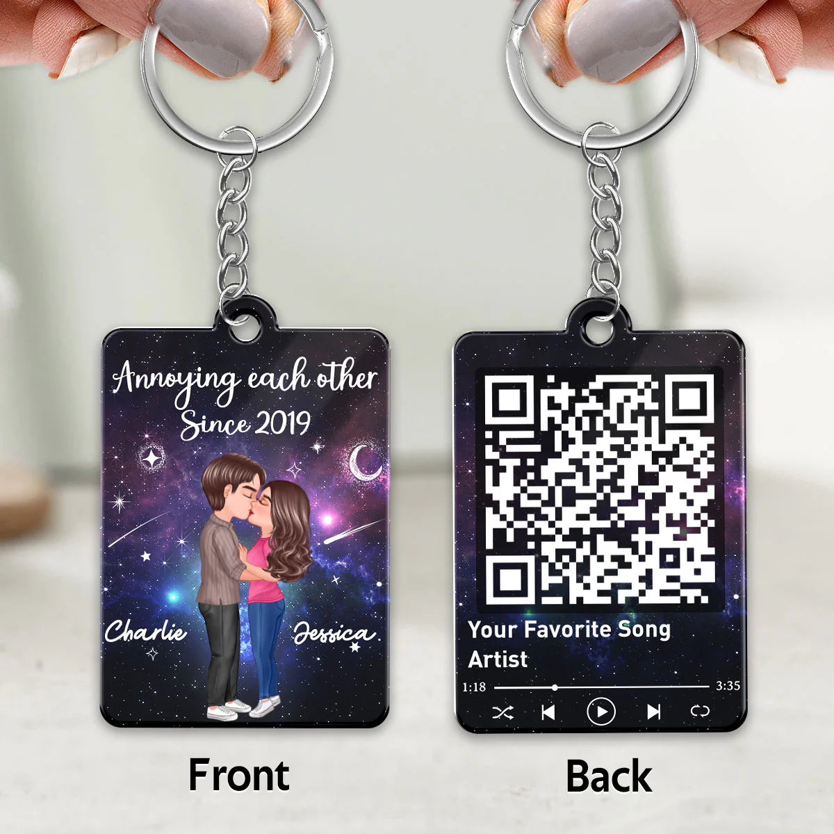 Doll Couple Kissing In Galaxy Night Favorite Song Scannable QR Code Personalized Acrylic Keychain - Image 3