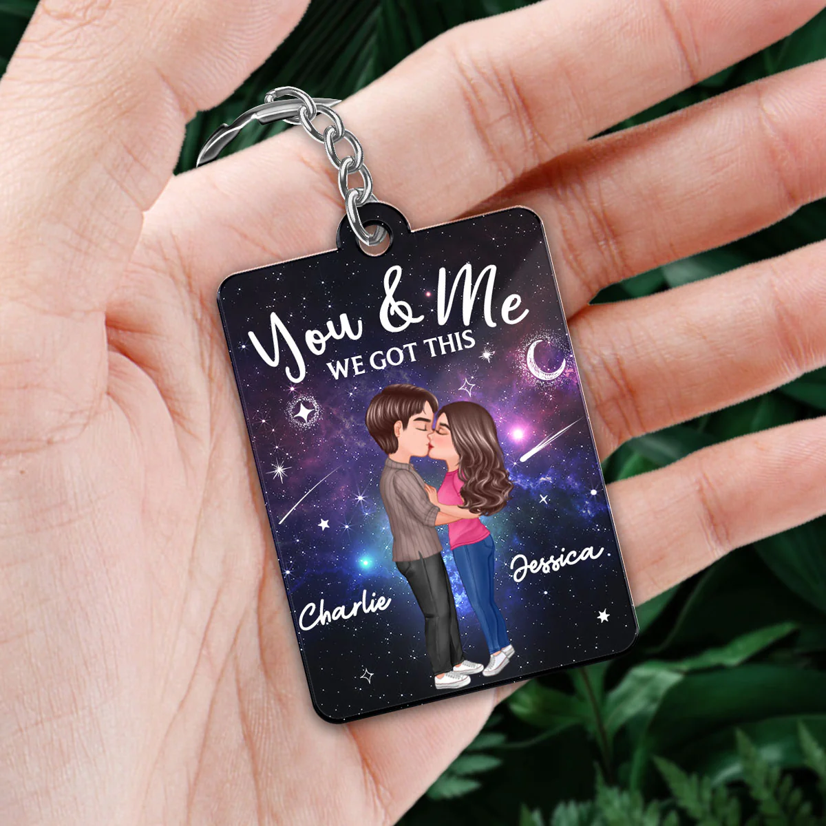 Doll Couple Kissing In Galaxy Night Favorite Song Scannable QR Code Personalized Acrylic Keychain - Image 2