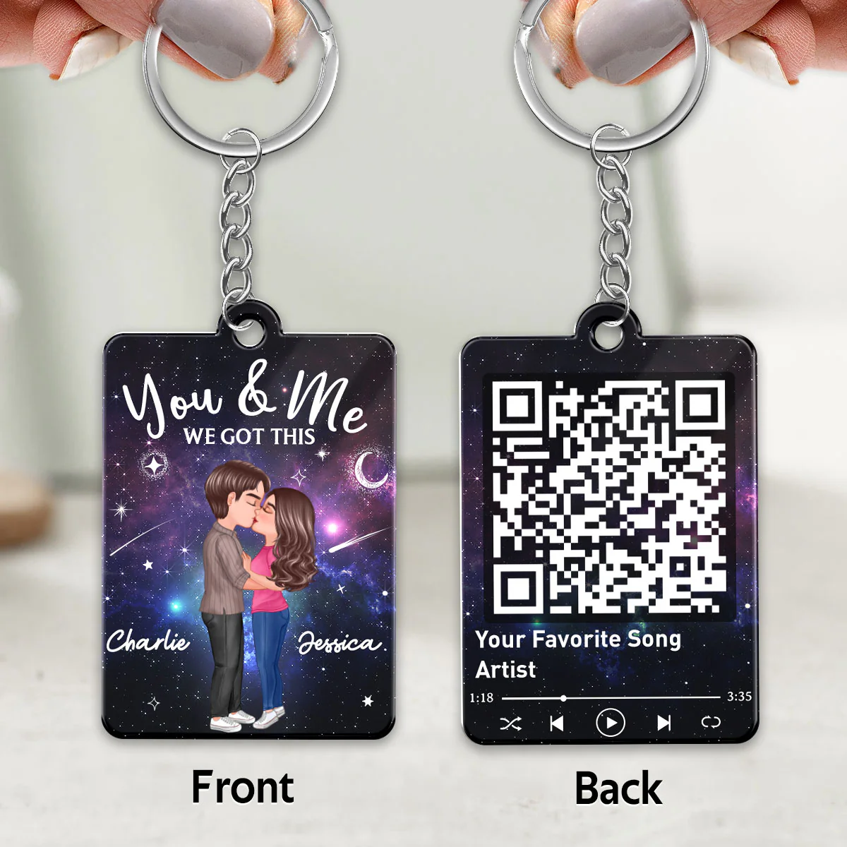 Doll Couple Kissing In Galaxy Night Favorite Song Scannable QR Code Personalized Acrylic Keychain - Image 3