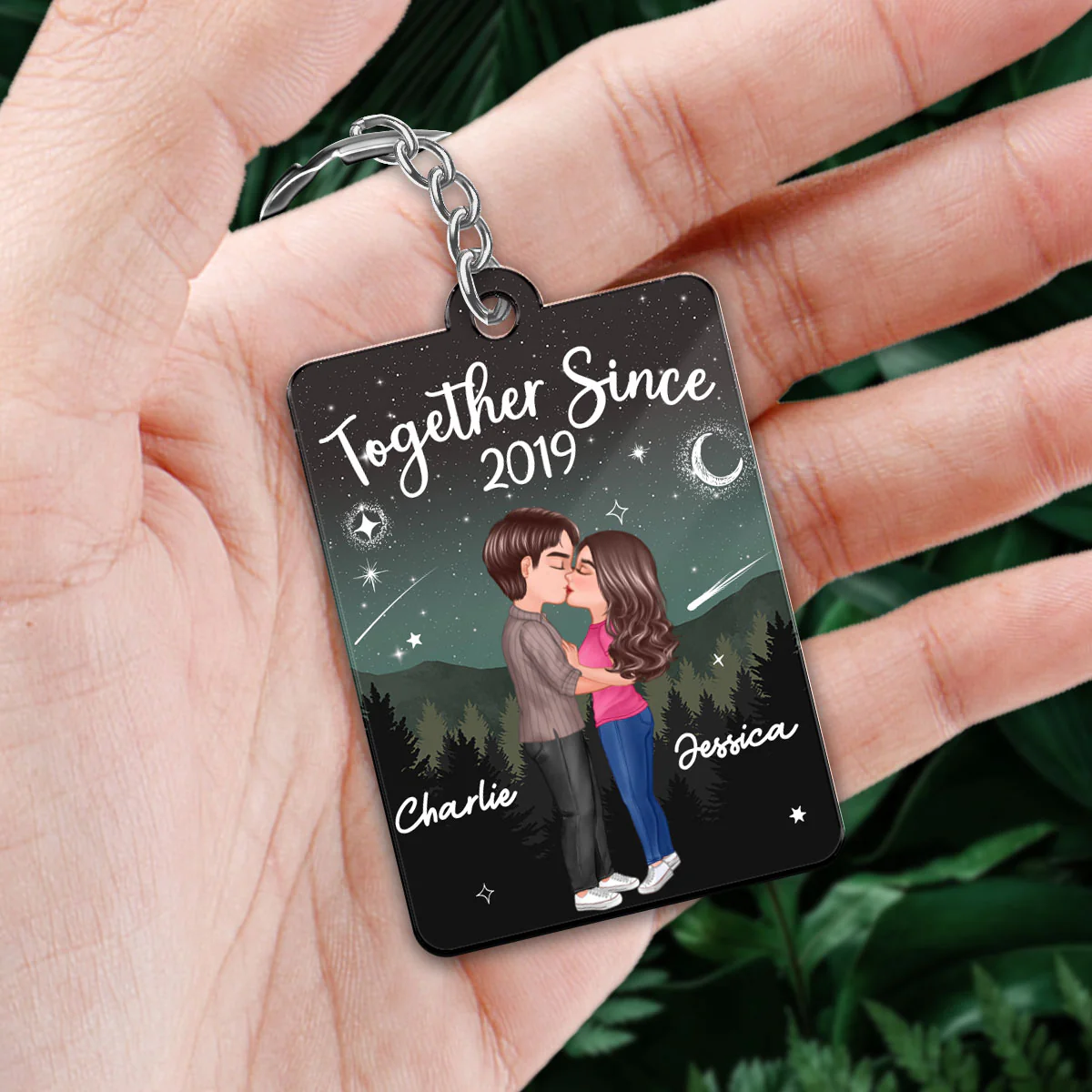 Doll Couple Kissing In Galaxy Night Favorite Song Scannable QR Code Personalized Acrylic Keychain - Image 2
