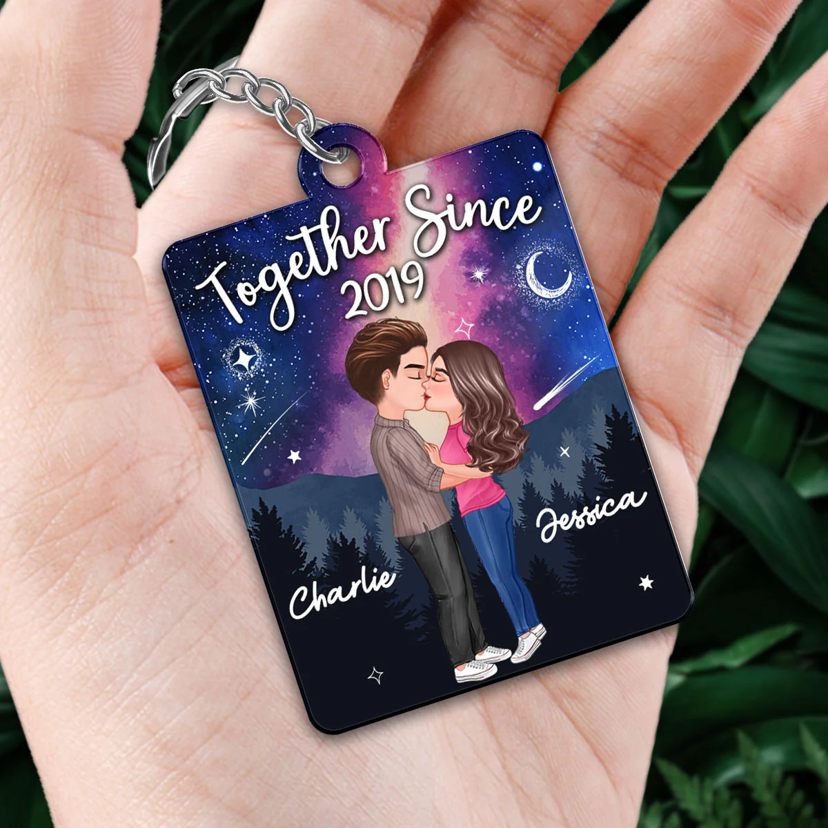 Doll Couple Kissing In Galaxy Night Favorite Song Scannable QR Code Personalized Acrylic Keychain - Image 2