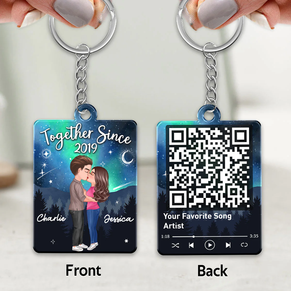 Doll Couple Kissing In Galaxy Night Favorite Song Scannable QR Code Personalized Acrylic Keychain - Image 3