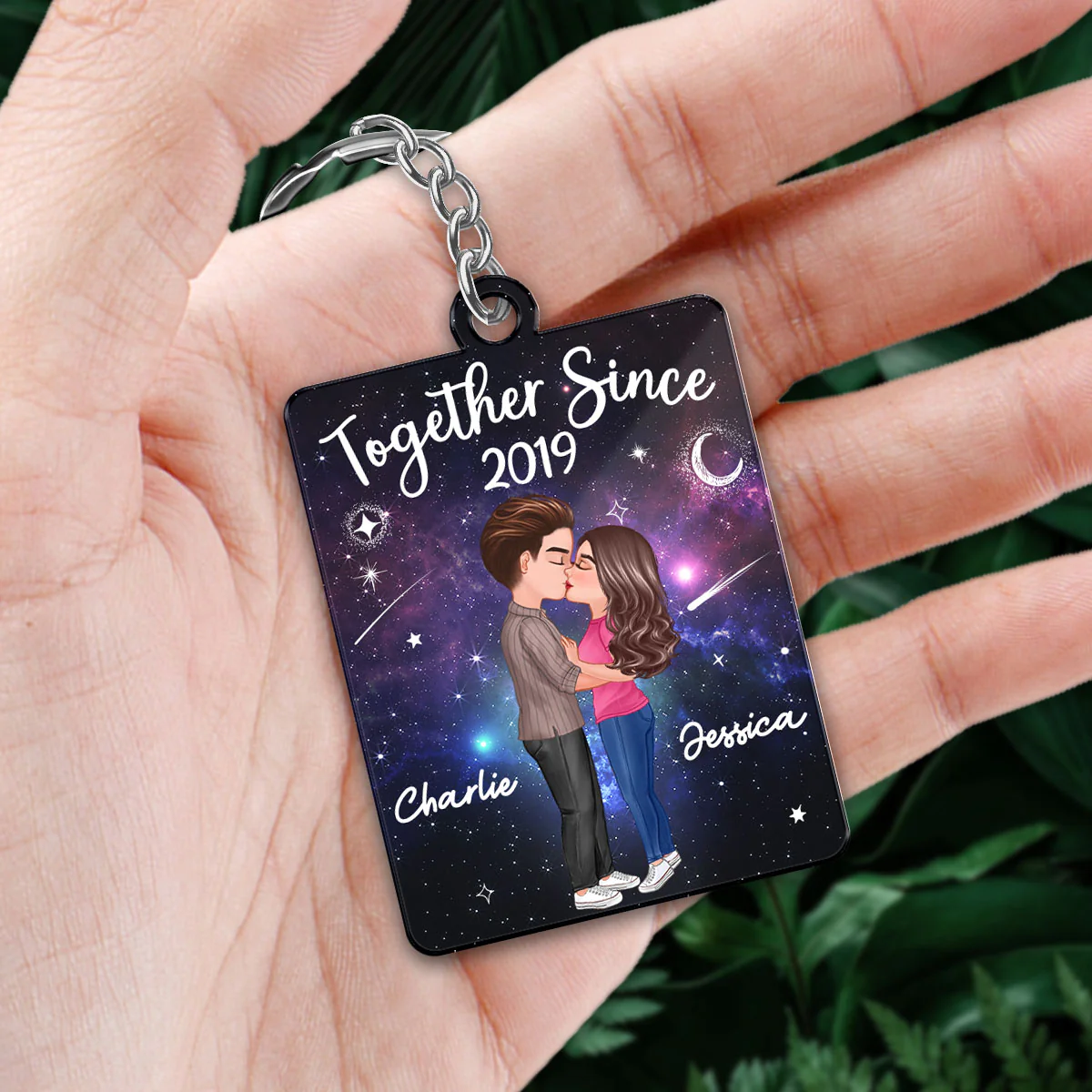 Doll Couple Kissing In Galaxy Night Favorite Song Scannable QR Code Personalized Acrylic Keychain - Image 3