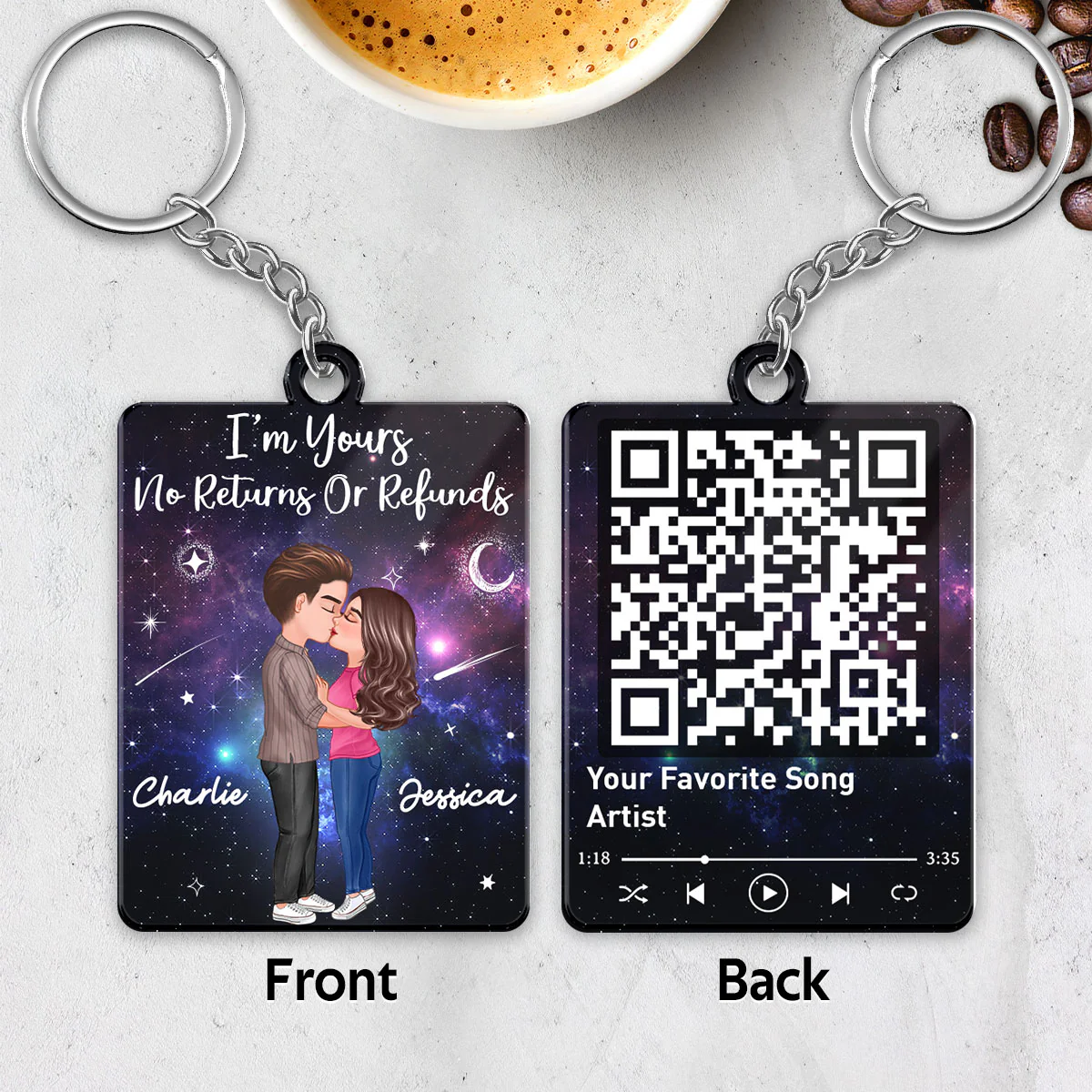 Doll Couple Kissing In Galaxy Night Favorite Song Scannable QR Code Personalized Acrylic Keychain - Image 4
