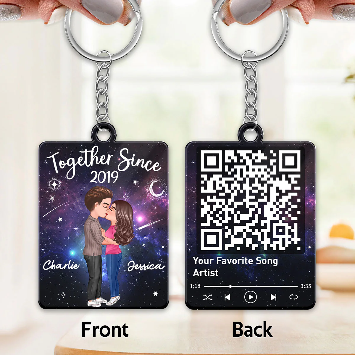 Doll Couple Kissing In Galaxy Night Favorite Song Scannable QR Code Personalized Acrylic Keychain - Image 5