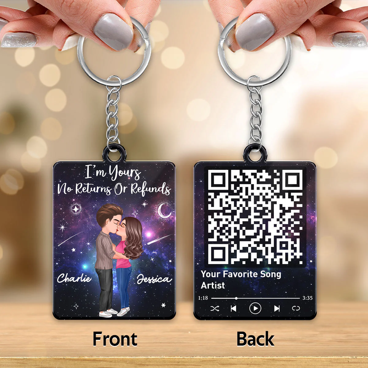 Doll Couple Kissing In Galaxy Night Favorite Song Scannable QR Code Personalized Acrylic Keychain - Image 2