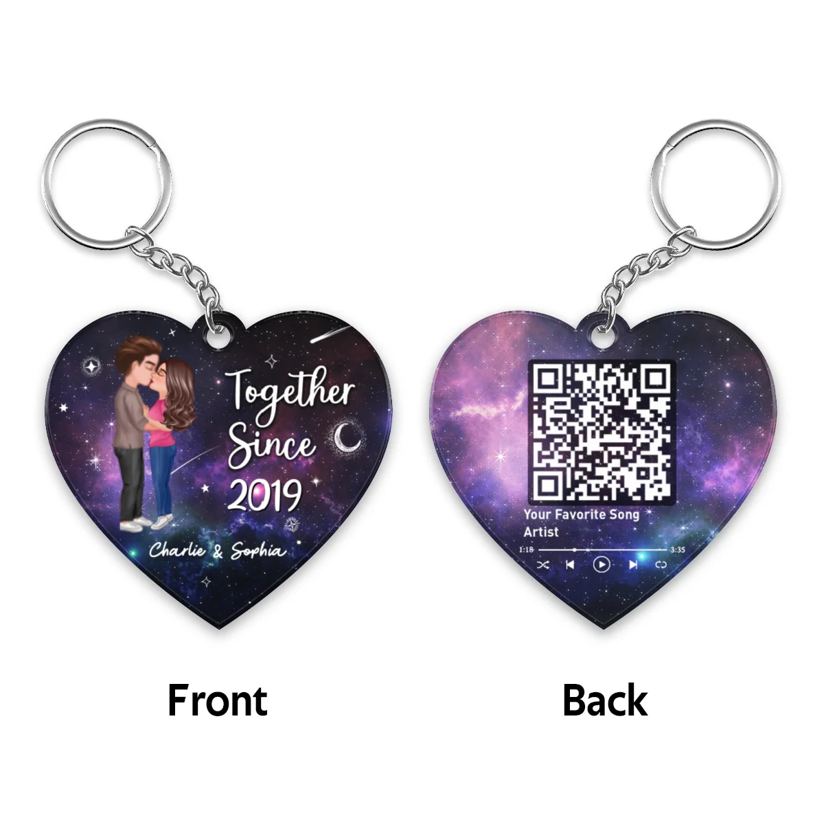 Doll Couple Kissing In Galaxy Night Favorite Song Scannable QR Code Personalized Heart Shape Acrylic Keychain - Image 4
