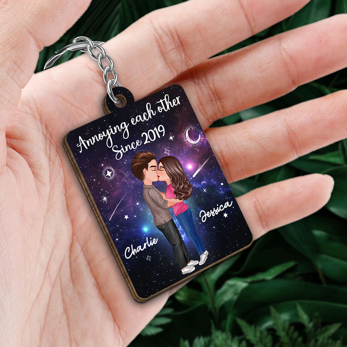 Doll Couple Kissing In Galaxy Night Favorite Song Scannable QR Code Personalized Wooden Keychain - Image 2
