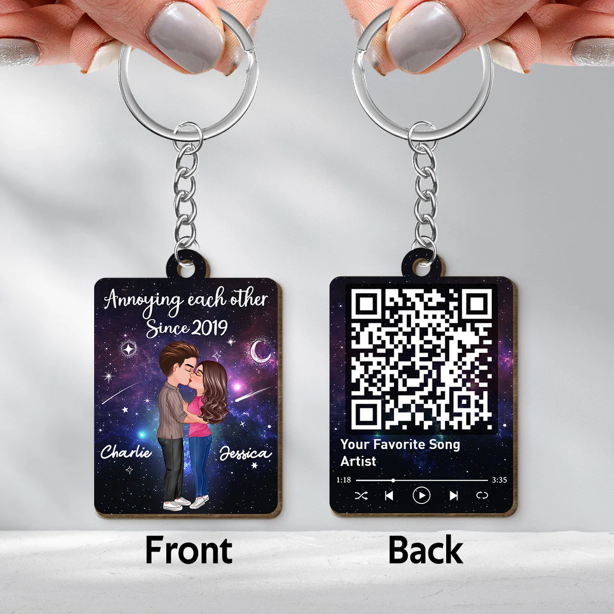 Doll Couple Kissing In Galaxy Night Favorite Song Scannable QR Code Personalized Wooden Keychain - Image 3