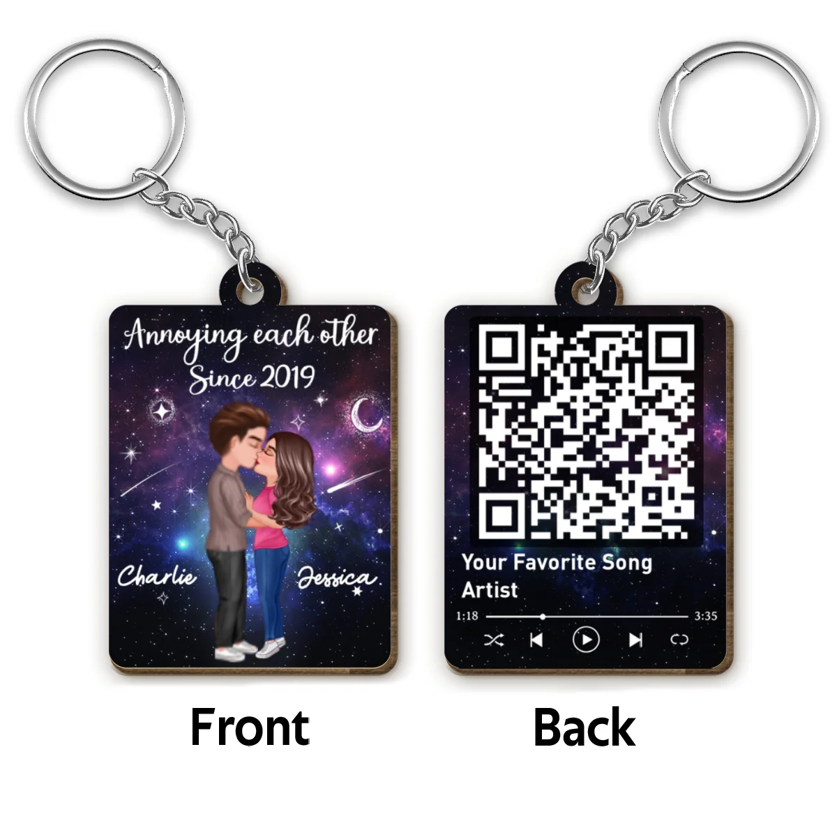 Doll Couple Kissing In Galaxy Night Favorite Song Scannable QR Code Personalized Wooden Keychain - Image 4
