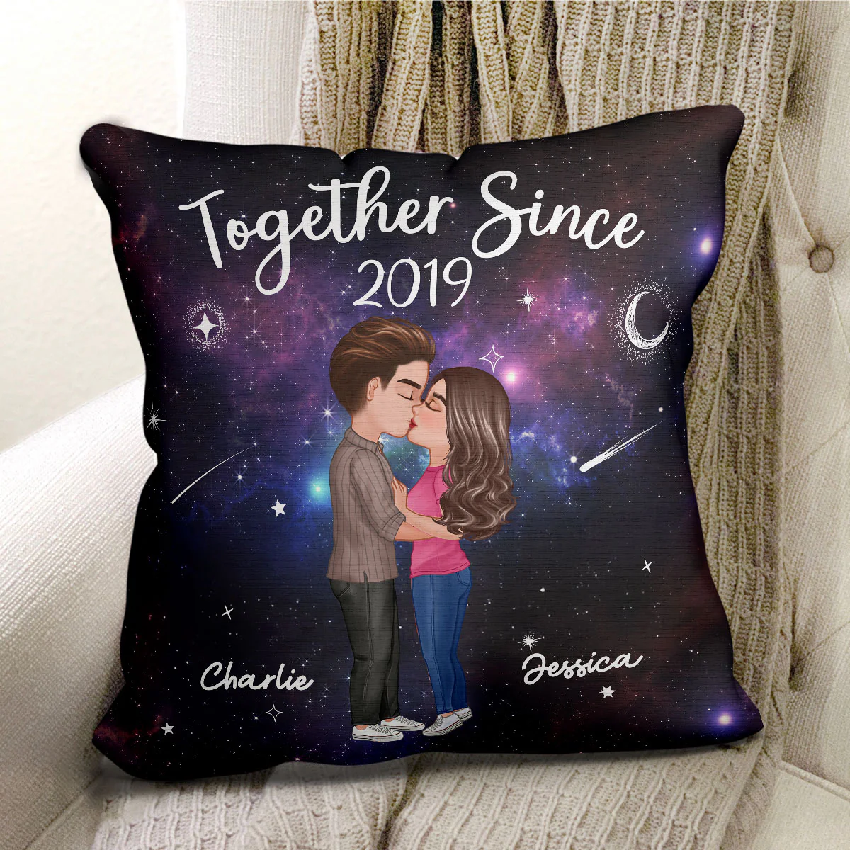 Doll Couple Kissing In Galaxy Night Personalized Pillow - Image 2