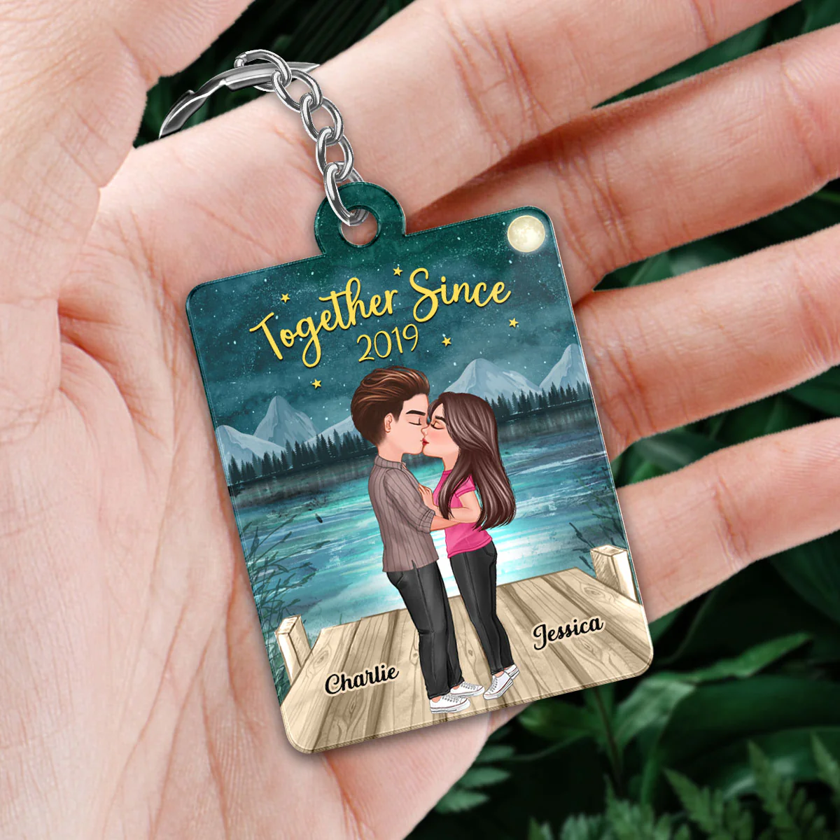 Doll Couple Kissing In Green Moon Night Favorite Song Scannable QR Code Personalized Acrylic Keychain - Image 3