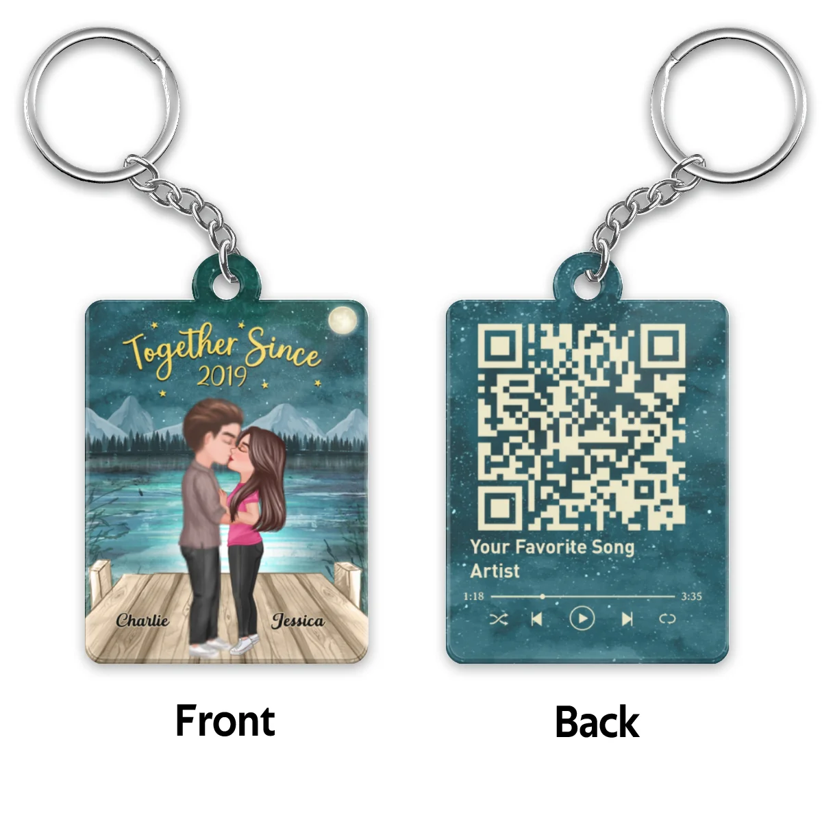 Doll Couple Kissing In Green Moon Night Favorite Song Scannable QR Code Personalized Acrylic Keychain - Image 4