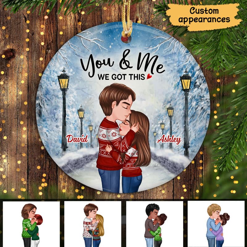 Doll Couple Kissing In Snow Lamppost Personalized Circle Ornament - Image 2