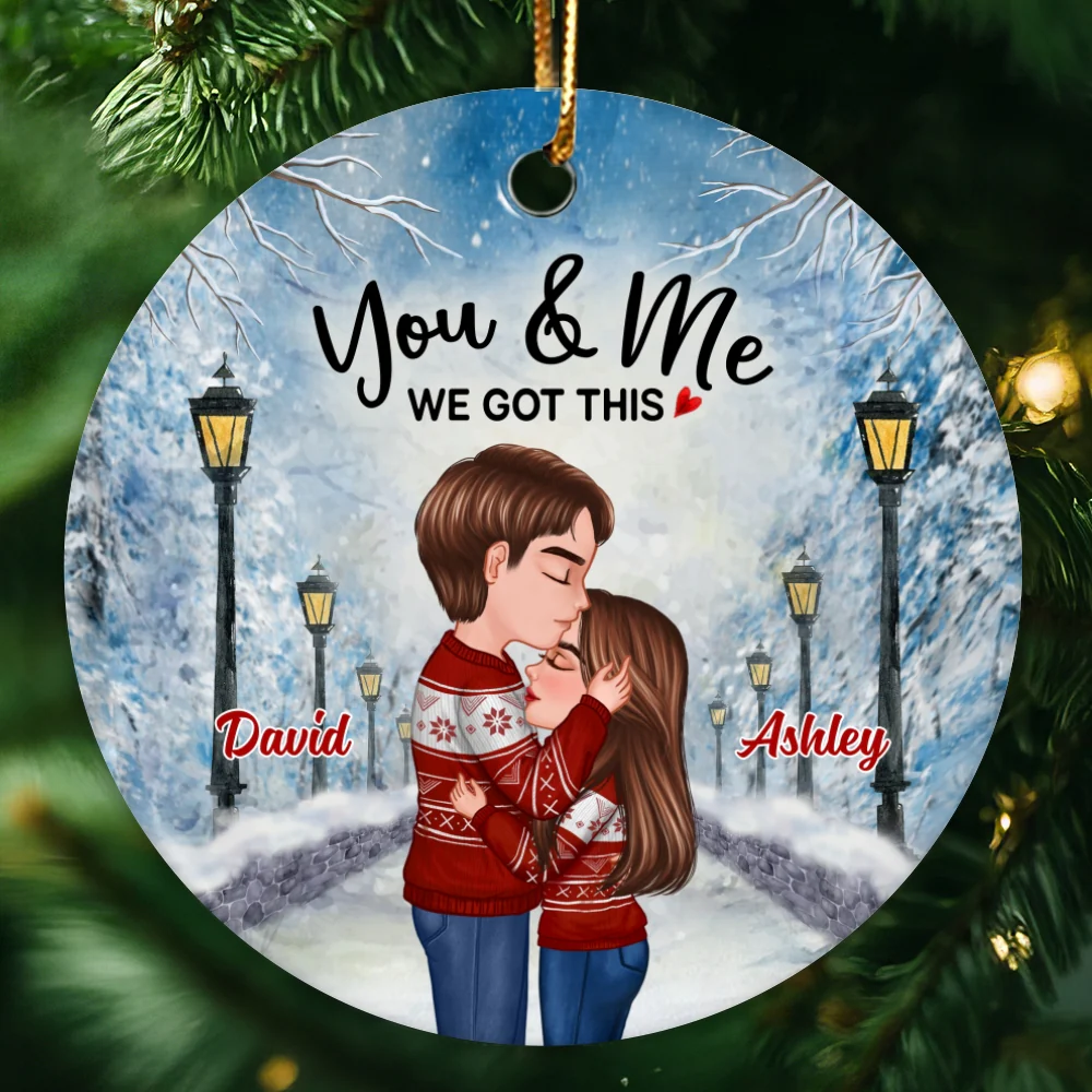 Doll Couple Kissing In Snow Lamppost Personalized Circle Ornament - Image 4