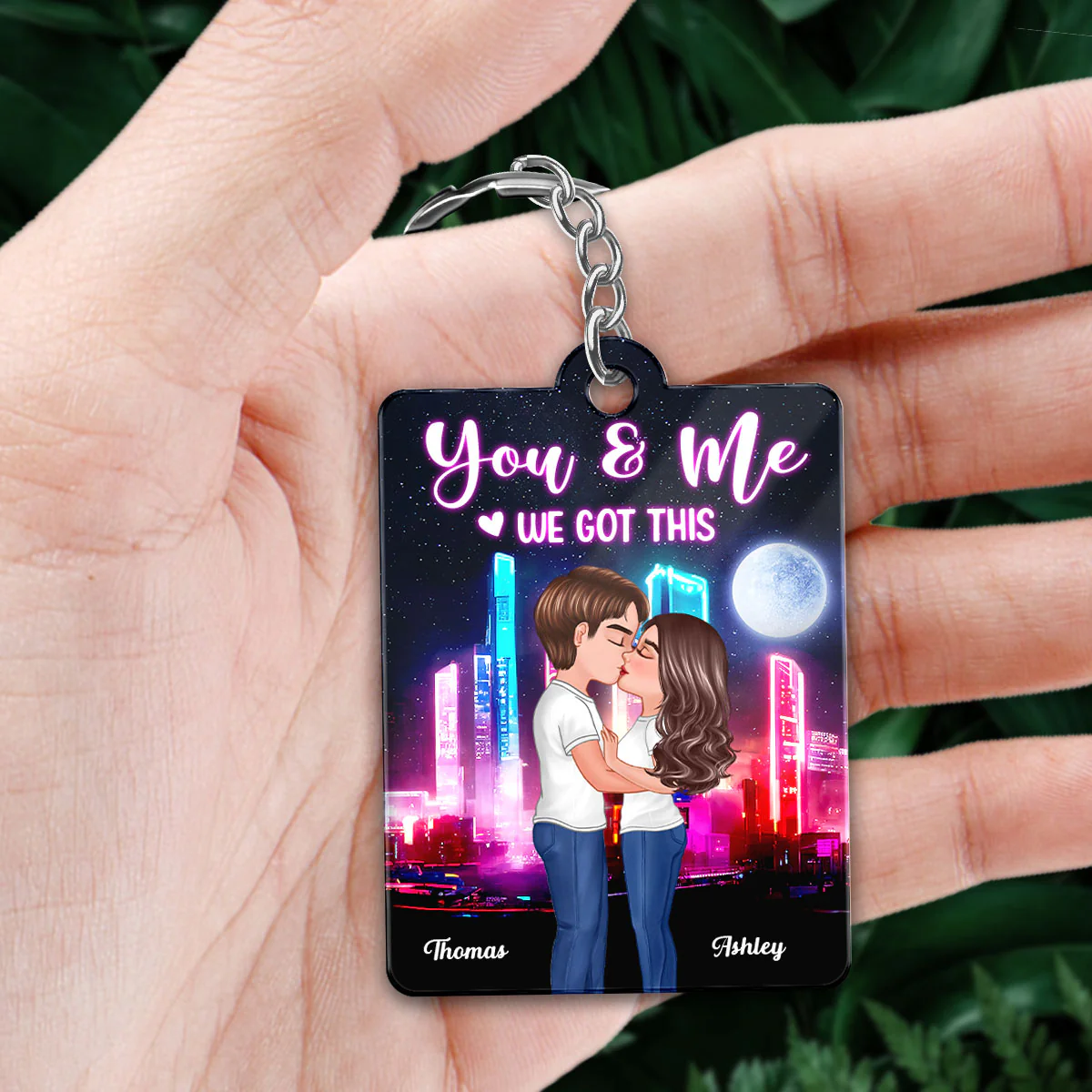 Doll Couple Kissing Neon Night City Favorite Song QR Code Personalized Acrylic Keychain - Image 2