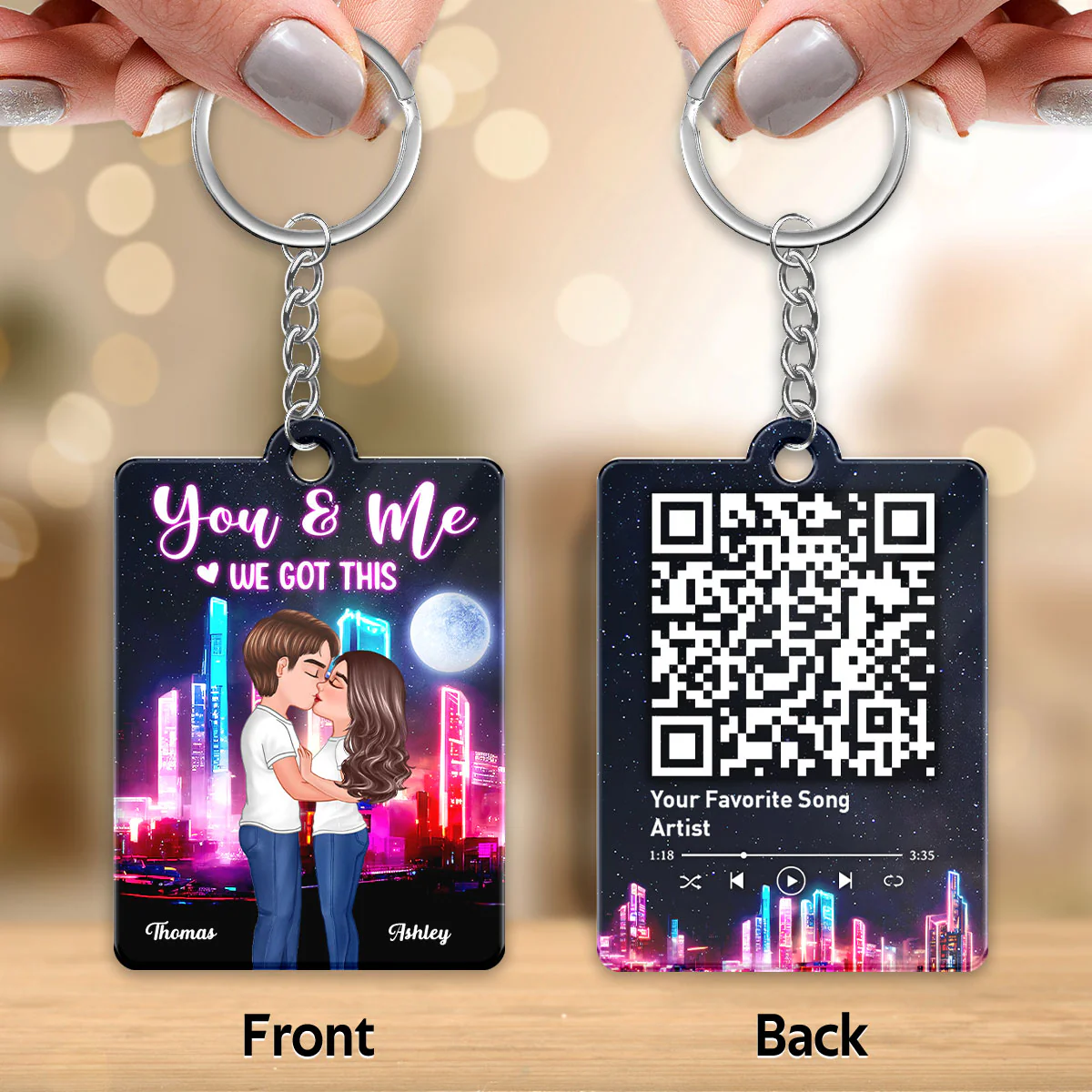 Doll Couple Kissing Neon Night City Favorite Song QR Code Personalized Acrylic Keychain - Image 3