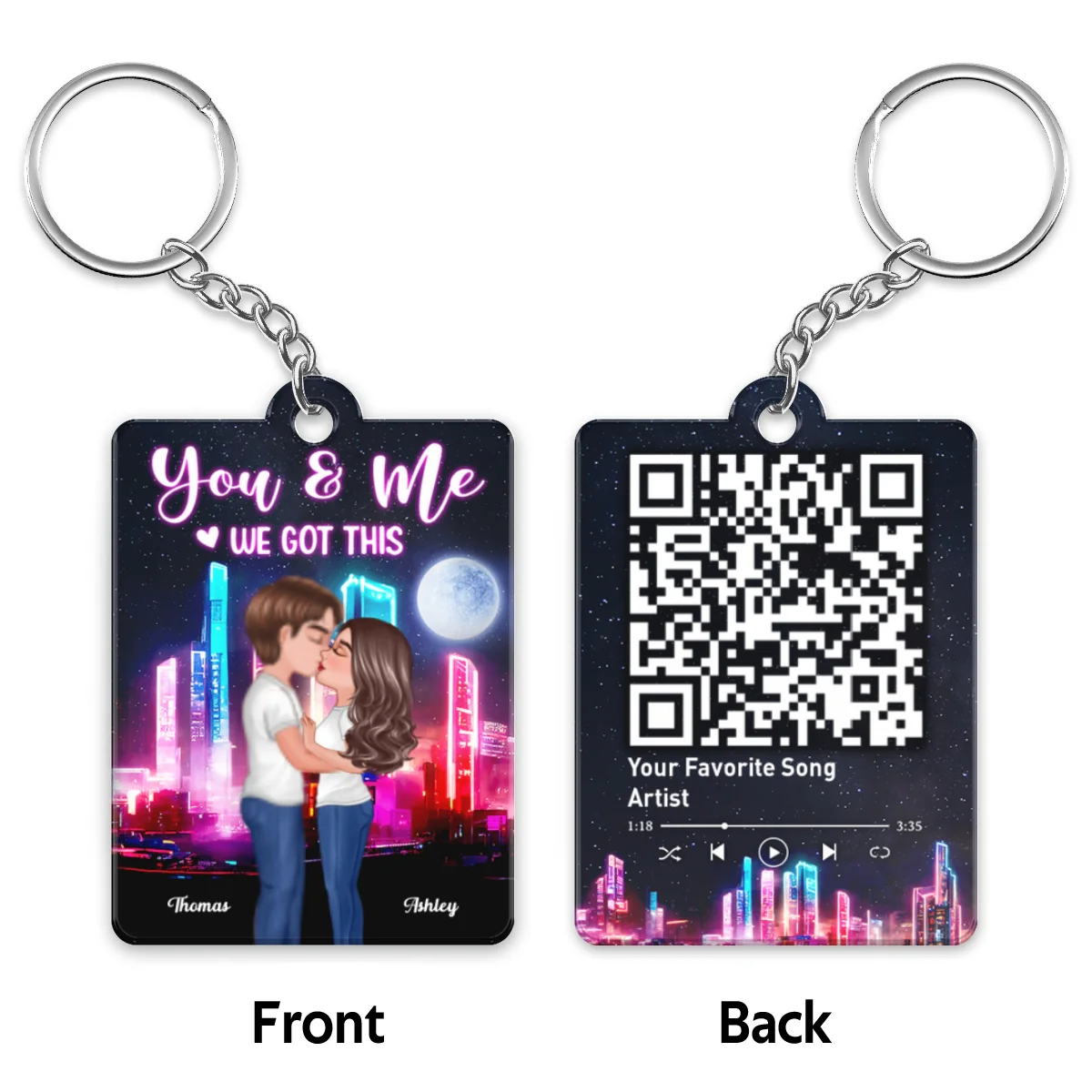 Doll Couple Kissing Neon Night City Favorite Song QR Code Personalized Acrylic Keychain - Image 4