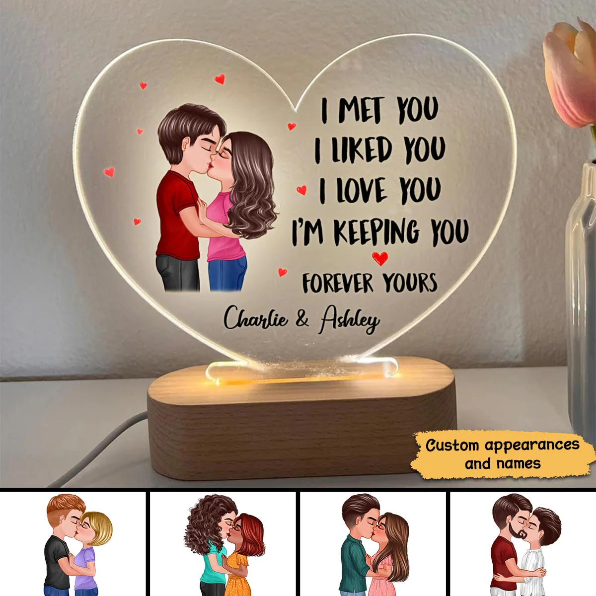 Doll Couple Kissing - Personalized Acrylic Block Plaque LED Night Light - Anniversary Gift For Him, Gift For Her - Image 3