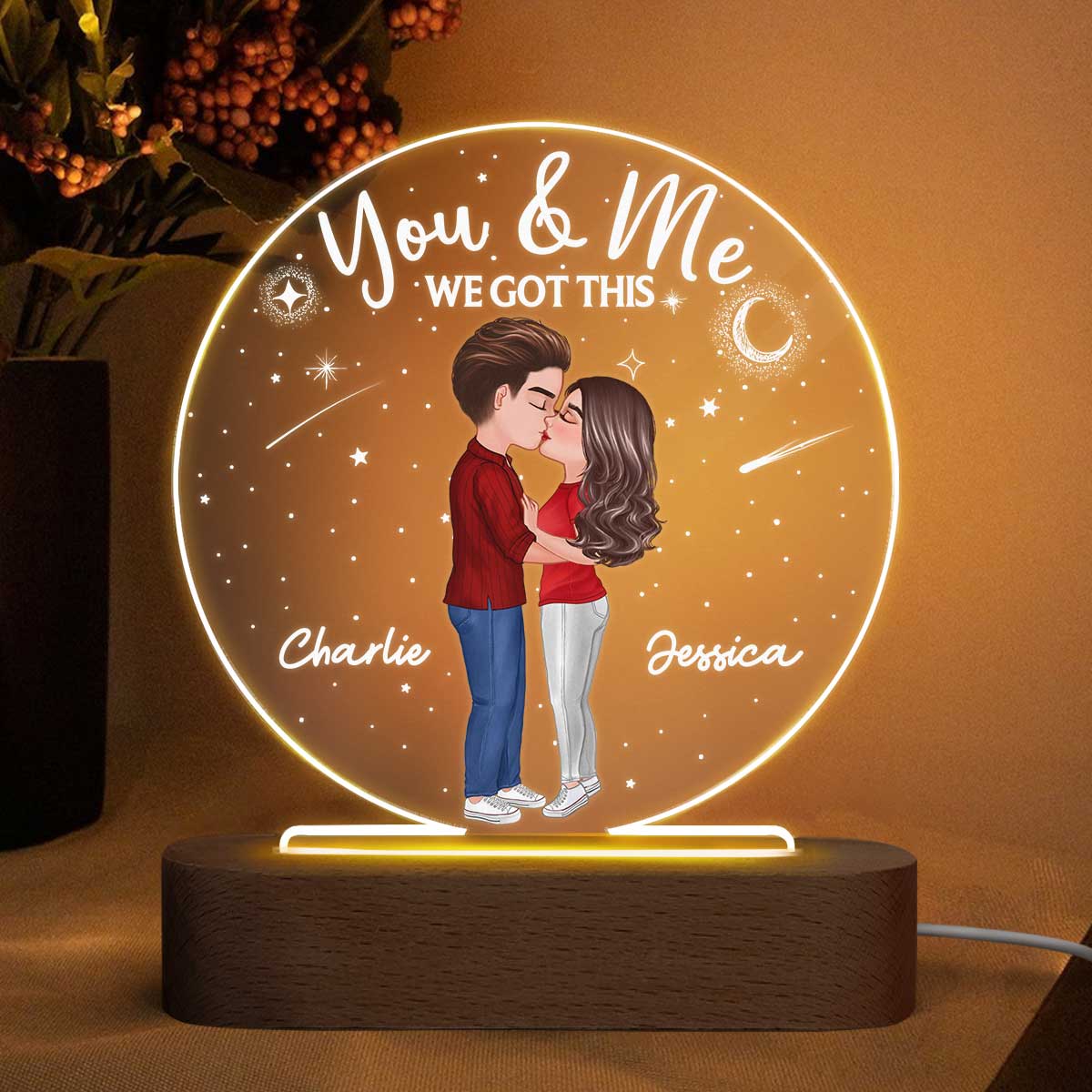 Doll Couple Kissing Personalized Circle Acrylic Plaque With LED Night Light - Valentine‘s Day Gift - Anniversary Gift For Her - Gift For Him