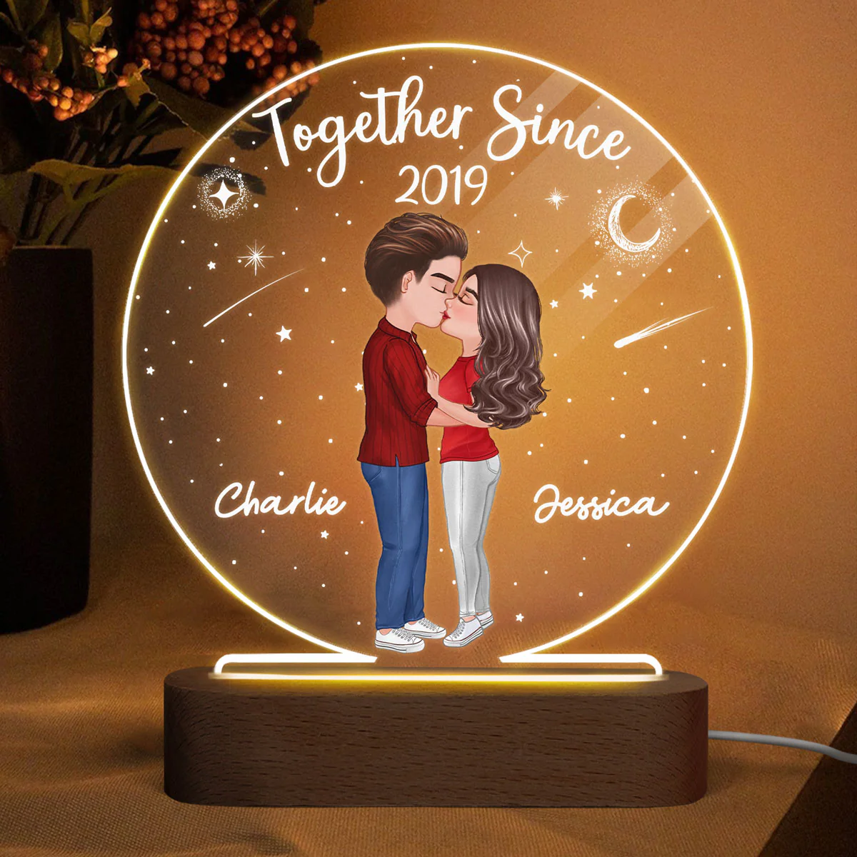 Doll Couple Kissing Personalized Circle Acrylic Plaque With LED Night Light - Valentine‘s Day Gift - Anniversary Gift For Her - Gift For Him - Image 2