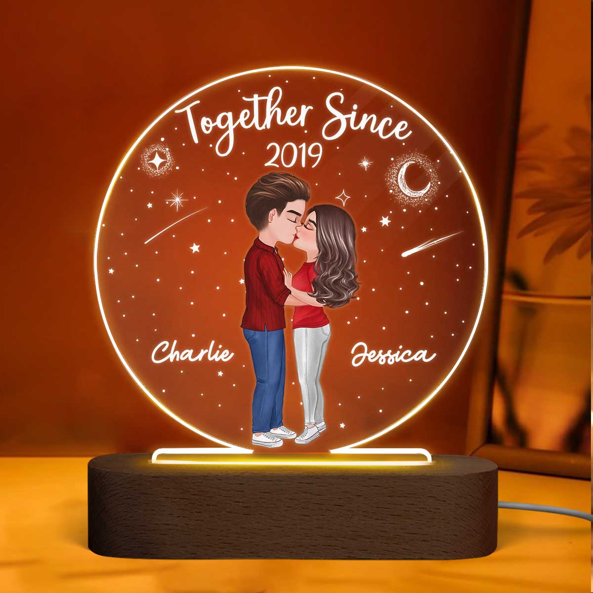 Doll Couple Kissing Personalized Circle Acrylic Plaque With LED Night Light - Valentine‘s Day Gift - Anniversary Gift For Her - Gift For Him - Image 5